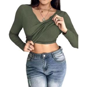 imageCHICME Women Long Sleeve Shirts Builtin Shelf Bra Tops RibKnit Top Fall OutfitsArmy Green