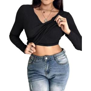 imageCHICME Women Long Sleeve Shirts Builtin Shelf Bra Tops RibKnit Top Fall OutfitsBlack