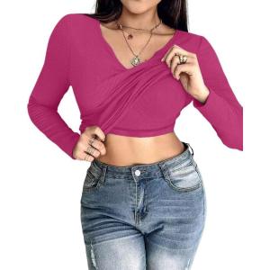 imageCHICME Women Long Sleeve Shirts Builtin Shelf Bra Tops RibKnit Top Fall OutfitsHot Pink