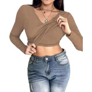 imageCHICME Women Long Sleeve Shirts Builtin Shelf Bra Tops RibKnit Top Fall OutfitsKhaki