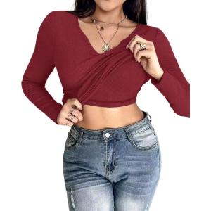 imageCHICME Women Long Sleeve Shirts Builtin Shelf Bra Tops RibKnit Top Fall OutfitsWine Red
