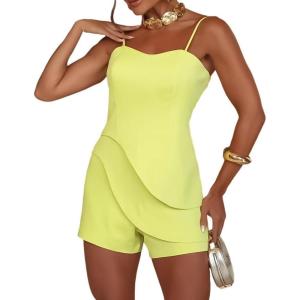 imageCHICME Women Rompers for Summer Dressy Spaghetti Strap Ruched Short Jumpsuit Casual Waist Bodycon OveralYellow