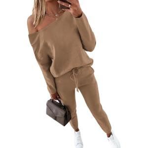imageCHICME Women Tracksuit 2025 Fall 2 piece Outfits Off The Shoulder Long Sleeve Tops and Pants SetKhaki