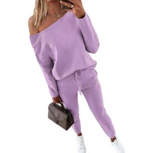 imageCHICME Women Tracksuit 2025 Fall 2 piece Outfits Off The Shoulder Long Sleeve Tops and Pants SetPurple