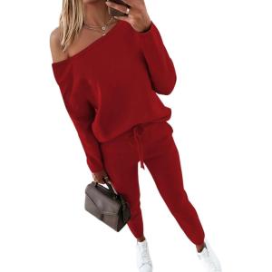imageCHICME Women Tracksuit 2025 Fall 2 piece Outfits Off The Shoulder Long Sleeve Tops and Pants SetRed