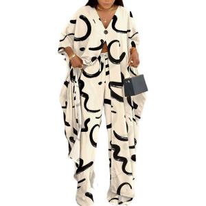 imageCHICME Womens 2 Piece Outfits 2025 Abstract Print Batwing Sleeve V Neck Top with High Slit and Loose Wide Leg Pants SetAyellow
