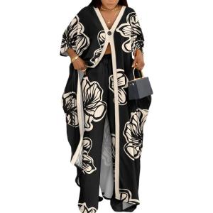 imageCHICME Womens 2 Piece Outfits 2025 Abstract Print Batwing Sleeve V Neck Top with High Slit and Loose Wide Leg Pants SetCblack