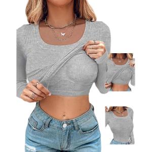 imageCHICME Womens 2025 Long Sleeve U Neck T Shirts with Builtin Shelf Updated Bra Ribbed Knit Seamless Basic TopsGray