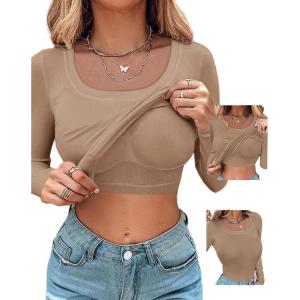 imageCHICME Womens 2025 Long Sleeve U Neck T Shirts with Builtin Shelf Updated Bra Ribbed Knit Seamless Basic TopsKhaki