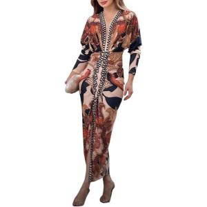 imageCHICME Womens Bodycon Long Sleeve Dress Casual Plunge V Neck Ruched Midi Dress 2025 Fall Bodycon Slit Office Work DressesAbrown