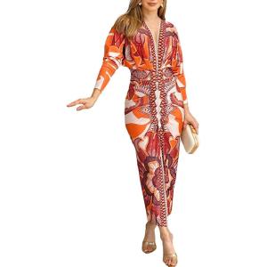 imageCHICME Womens Bodycon Long Sleeve Dress Casual Plunge V Neck Ruched Midi Dress 2025 Fall Bodycon Slit Office Work DressesOrange