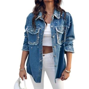 imageCHICME Womens Casual Denim Jacket for Women 2025 Contrast Sequin Long Sleeve Rhinestone Denim JacketsColorful Rhinestoneblue