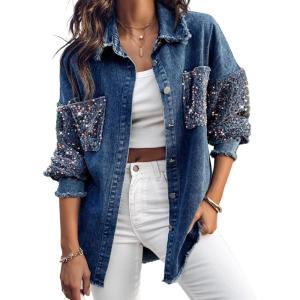 imageCHICME Womens Casual Denim Jacket for Women 2025 Contrast Sequin Long Sleeve Rhinestone Denim JacketsLighted Blue