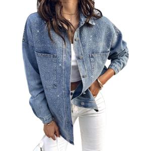 imageCHICME Womens Casual Denim Jacket for Women 2025 Contrast Sequin Long Sleeve Rhinestone Denim JacketsRhinestone Decorblue