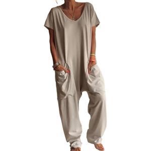 imageCHICME Womens Casual Short Sleeve Jumpsuits V Neck Baggy Romper Strechy Comfy Wide Leg Jumpsuit with PocketsAlight Khaki