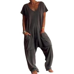imageCHICME Womens Casual Short Sleeve Jumpsuits V Neck Baggy Romper Strechy Comfy Wide Leg Jumpsuit with PocketsBdark Gray