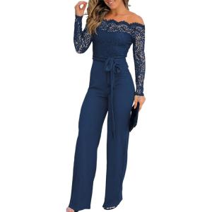 imageCHICME Womens Dressy Jumpsuits Casual One Piece Outfits Off Shoulder Lace Trim Overalls Straight Leg PantsBlue
