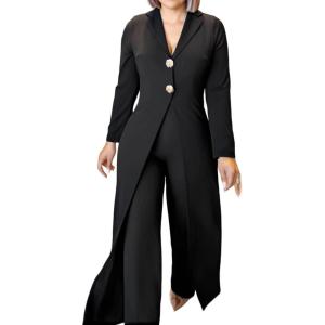 imageCHICME Womens Faux Two Piece Jumpsuits 2025 Casual Dressy Long Sleeve V Neck Wide Leg One Piece OutfitsBlack