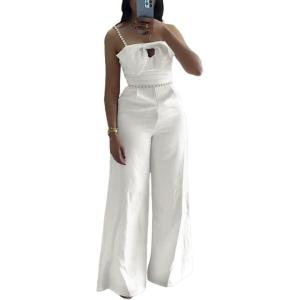imageCHICME Womens Jumpsuit Beaded Spaghetti Strap Bowknot Ruched Slim Fit Cami Jumpsuits Elegant OverallAwhite