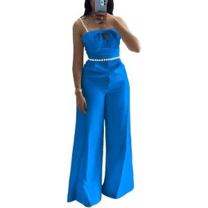 imageCHICME Womens Jumpsuit Beaded Spaghetti Strap Bowknot Ruched Slim Fit Cami Jumpsuits Elegant OverallBlue