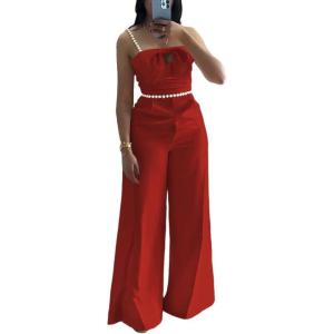imageCHICME Womens Jumpsuit Beaded Spaghetti Strap Bowknot Ruched Slim Fit Cami Jumpsuits Elegant OverallRed