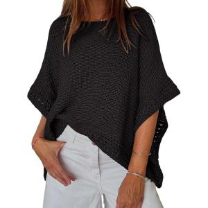 imageCHICME Womens Knit Tops 2025 34 Batwing Sleeve Tops for Women HollowOut Pattern Edges Crochet Top Casual Pullover SweatersBlack