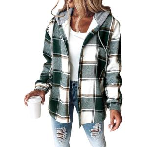 imageCHICME Womens Lightweight Casual Jacket 2025 Plaid Long Sleeve Shacket Fleece Lined Hooded Jackets Warm CoatGreen