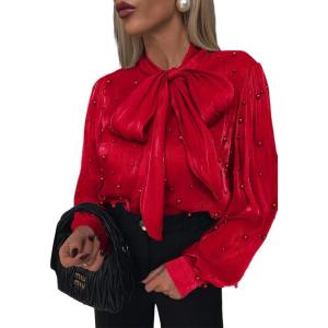 imageCHICME Womens Long Sleeve Shirts Bow Tie Neck Button Down Shirts Office Work Blouse Silk Shirt TopsAred