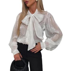 imageCHICME Womens Long Sleeve Shirts Bow Tie Neck Button Down Shirts Office Work Blouse Silk Shirt TopsWhite