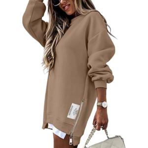 imageCHICME Womens Long Sleeve Zipper Slit Oversized Sweatshirt 2025 Casual Pullover Zipper Hoodies Fall ClothesBrown