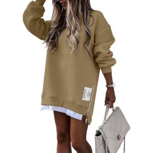 imageCHICME Womens Long Sleeve Zipper Slit Oversized Sweatshirt 2025 Casual Pullover Zipper Hoodies Fall ClothesKhaki