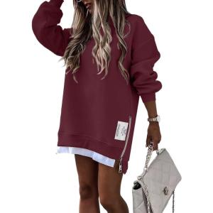 imageCHICME Womens Long Sleeve Zipper Slit Oversized Sweatshirt 2025 Casual Pullover Zipper Hoodies Fall ClothesWine Red