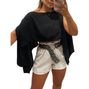 imageCHICME Womens Off The Shoulder Flowy Tops Casual Batwing Slit Sleeve Blouse Loose Shirt with Bandeau TopAblack