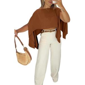 imageCHICME Womens Off The Shoulder Flowy Tops Casual Batwing Slit Sleeve Blouse Loose Shirt with Bandeau TopBrown