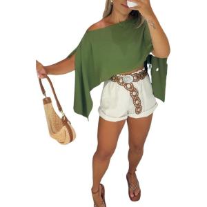 imageCHICME Womens Off The Shoulder Flowy Tops Casual Batwing Slit Sleeve Blouse Loose Shirt with Bandeau TopGreen