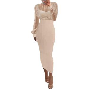 imageCHICME Womens Sexy Bodycon Midi Dress 2025 Mock Neck Long Sleeve Sheer Dresses Beaded Night Club Party DressesApricot