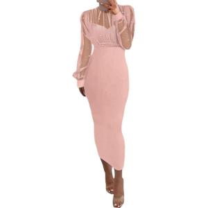 imageCHICME Womens Sexy Bodycon Midi Dress 2025 Mock Neck Long Sleeve Sheer Dresses Beaded Night Club Party DressesPink