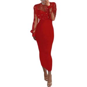 imageCHICME Womens Sexy Bodycon Midi Dress 2025 Mock Neck Long Sleeve Sheer Dresses Beaded Night Club Party DressesRed
