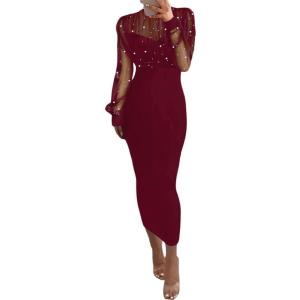 imageCHICME Womens Sexy Bodycon Midi Dress 2025 Mock Neck Long Sleeve Sheer Dresses Beaded Night Club Party DressesWine Red