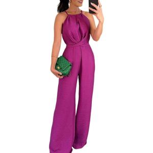 imageCHICME Womens Sexy Halter Jumpsuits Sleeveless Casual Ruched Rompers Wide Leg JumpsuitApurple