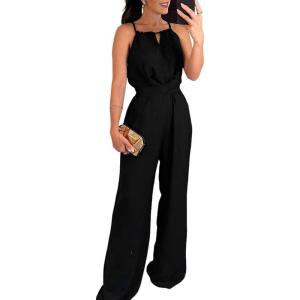 imageCHICME Womens Sexy Halter Jumpsuits Sleeveless Casual Ruched Rompers Wide Leg JumpsuitBlack