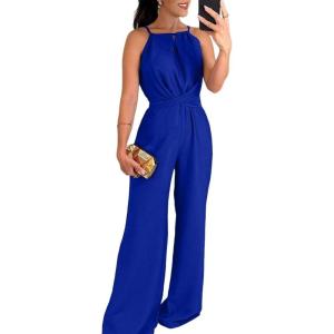 imageCHICME Womens Sexy Halter Jumpsuits Sleeveless Casual Ruched Rompers Wide Leg JumpsuitBlue