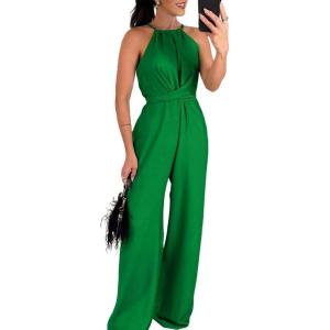 imageCHICME Womens Sexy Halter Jumpsuits Sleeveless Casual Ruched Rompers Wide Leg JumpsuitGreen