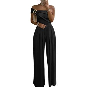 imageCHICME Womens Sleeveless Jumpsuit One Shoulder Ruched Romper Casual Fall Buckle Decor Wide Leg JumpsuitsAblack