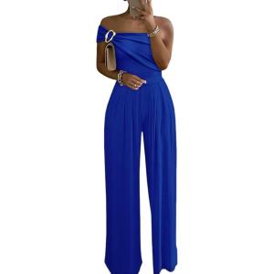 imageCHICME Womens Sleeveless Jumpsuit One Shoulder Ruched Romper Casual Fall Buckle Decor Wide Leg JumpsuitsBlue