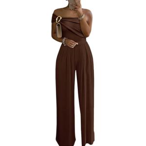 imageCHICME Womens Sleeveless Jumpsuit One Shoulder Ruched Romper Casual Fall Buckle Decor Wide Leg JumpsuitsBrown