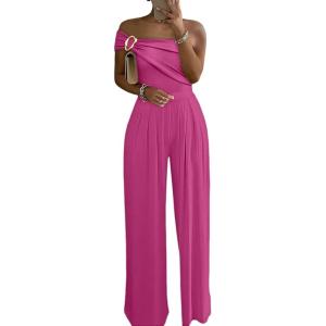 imageCHICME Womens Sleeveless Jumpsuit One Shoulder Ruched Romper Casual Fall Buckle Decor Wide Leg JumpsuitsHot Pink