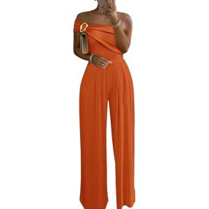 imageCHICME Womens Sleeveless Jumpsuit One Shoulder Ruched Romper Casual Fall Buckle Decor Wide Leg JumpsuitsOrange