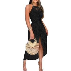imageCHICME Womens Summer Halter Dress Hollow Out A Line Vacation Dresses with Eyelet Embroidery ampamp Side SlitBlack