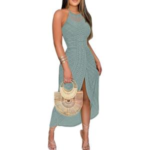 imageCHICME Womens Summer Halter Dress Hollow Out A Line Vacation Dresses with Eyelet Embroidery ampamp Side SlitGreen